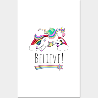 Flying Unicorn Hearts And Rainbow Inspirational Believe Posters and Art